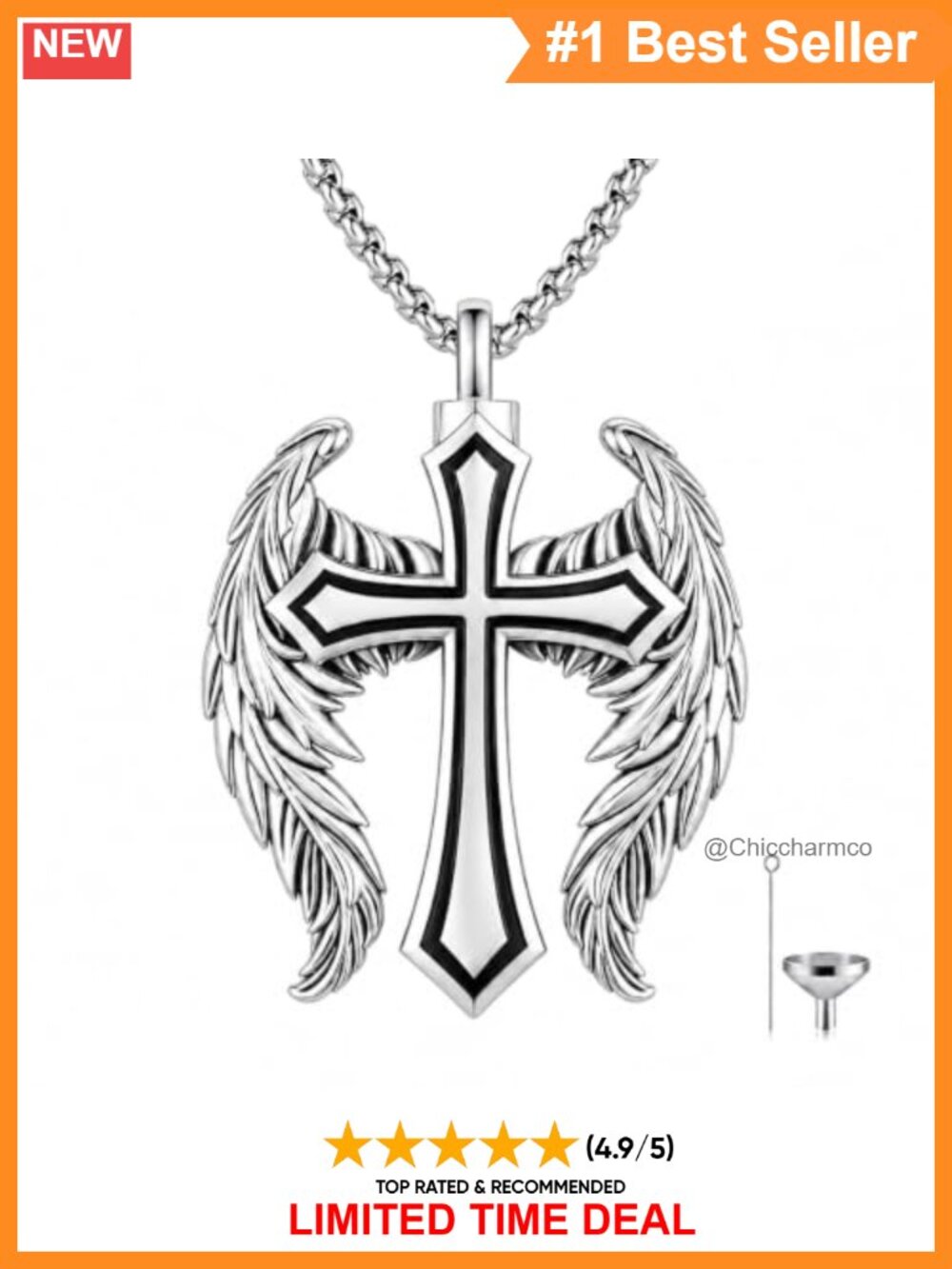 Cross Urn Necklace Men Angel Wings Memorial Pendant Gold Plated Stainless Steel